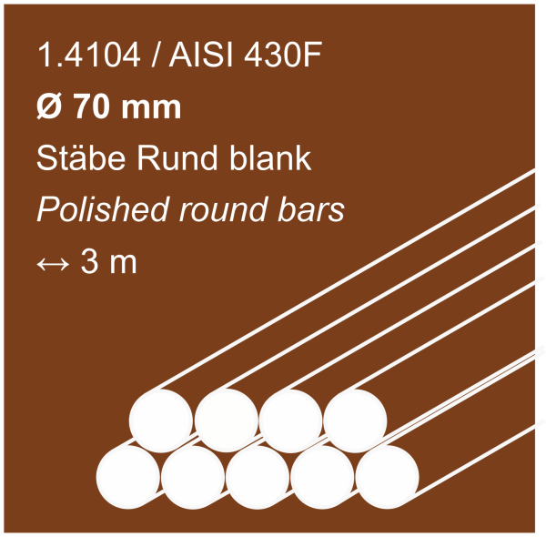 Edelstahlstäbe aus 1.4104 (430F), 70 mm Durchmesser, 3000 mm lang, auf sandfarbigem Hintergrund abgebildet